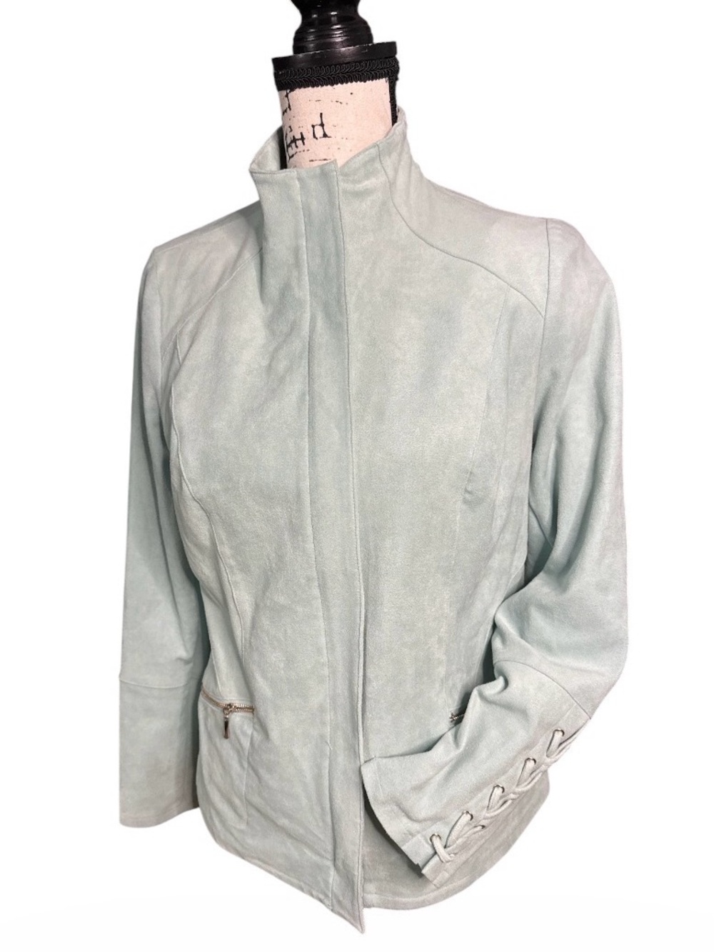 Chico’s Aqua Faux Suede Zip Jacket Sz 0 (4-6) Lace‑Up Cuff Detail Soft & Stylish